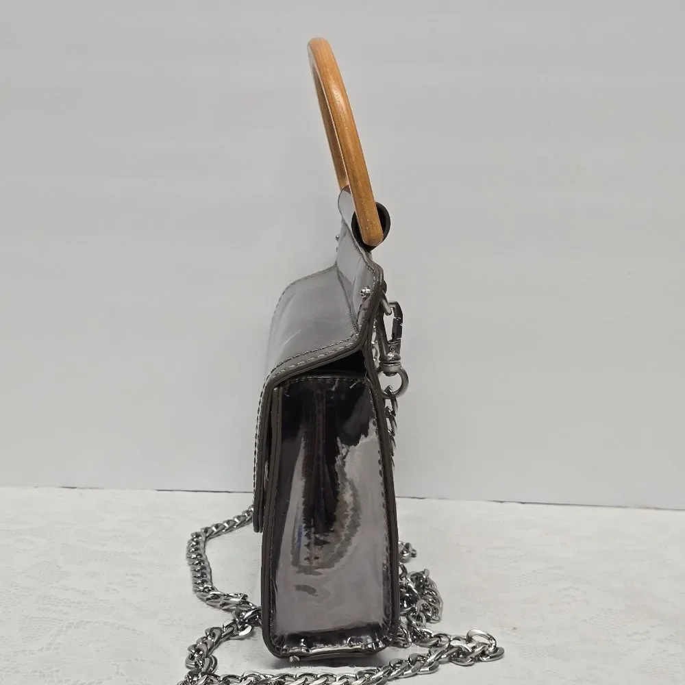 Abbie & Emmie Silver Faux Leather Wooden Handle Satchel With Shoulder Chain